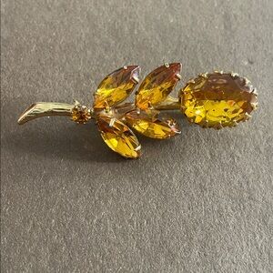 Golden Yellow Rhinestone And Gold Tone Leaf Brooch/Pin